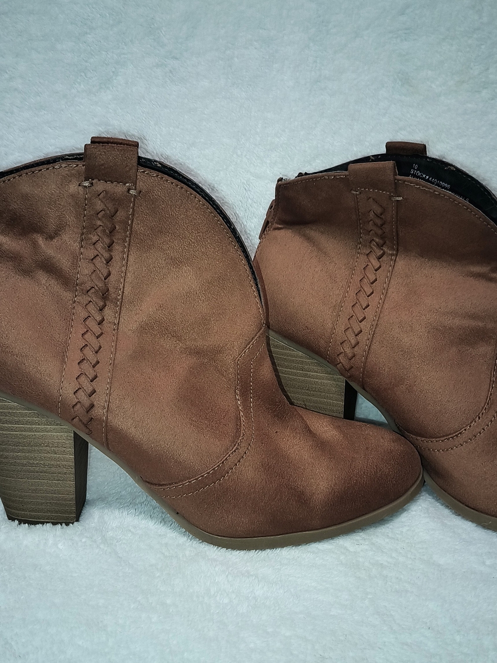 Comfort Brown Faux Suede Ankle Booties, Block Heel Side Zip Boot with Whipstitch